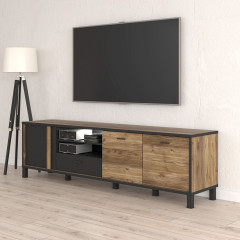 Meuble TV en bois effet chêne et noir style industriel - vue en ambiance - YAL