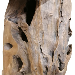 Tabouret en bois de teck avec plateau rond et piètement racine - vue matière piètement - BRUL