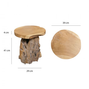 Tabouret en bois de teck avec plateau rond et piètement racine - vue mesure- BRUL