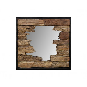 Miroir carré avec encadrement en bois érodé 80cm - vue de face - FIGURA