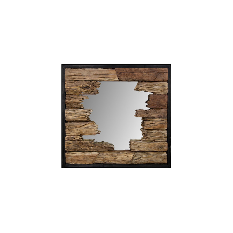 Miroir carré avec encadrement en bois érodé 80cm - vue de face - FIGURA
