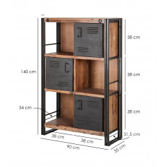 Bibliothèque en bois 3 étagères avec portes en métal - dimensions - ATELIER