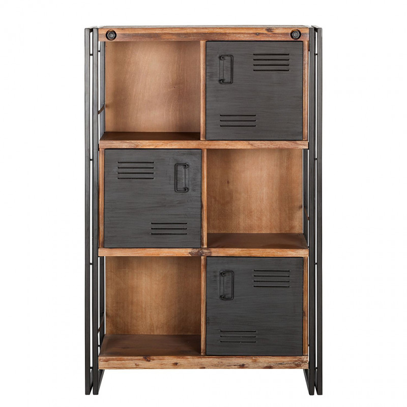 Bibliothèque en bois 3 étagères avec portes en métal - ATELIER