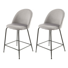Lot de 2 chaises de bar en velours avec piètement en métal noir - Gris clair - vue de 3/4 - CLEA