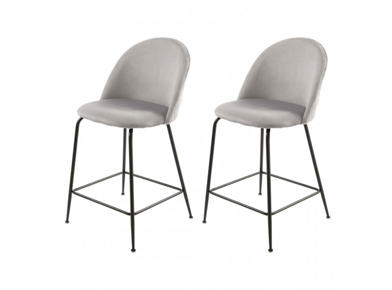 Lot de 2 chaises de bar en velours avec piètement en métal noir - Gris clair - vue de 3/4 - CLEA