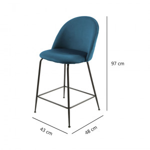 Lot de 2 chaises de bar en velours avec piètement en métal noir - Bleu - vue mesures - CLEA