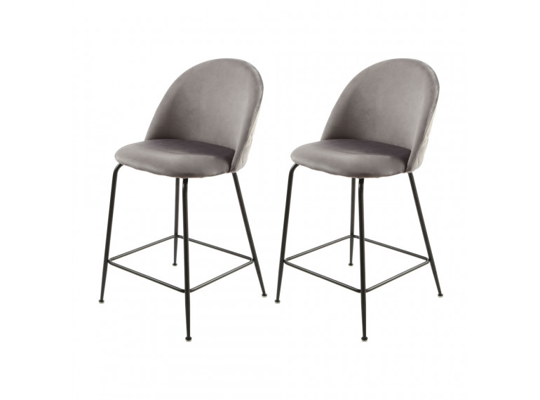 Lot de 2 chaises de bar en velours avec piètement en métal noir - Gris foncé - vue de 3/4 - CLEA