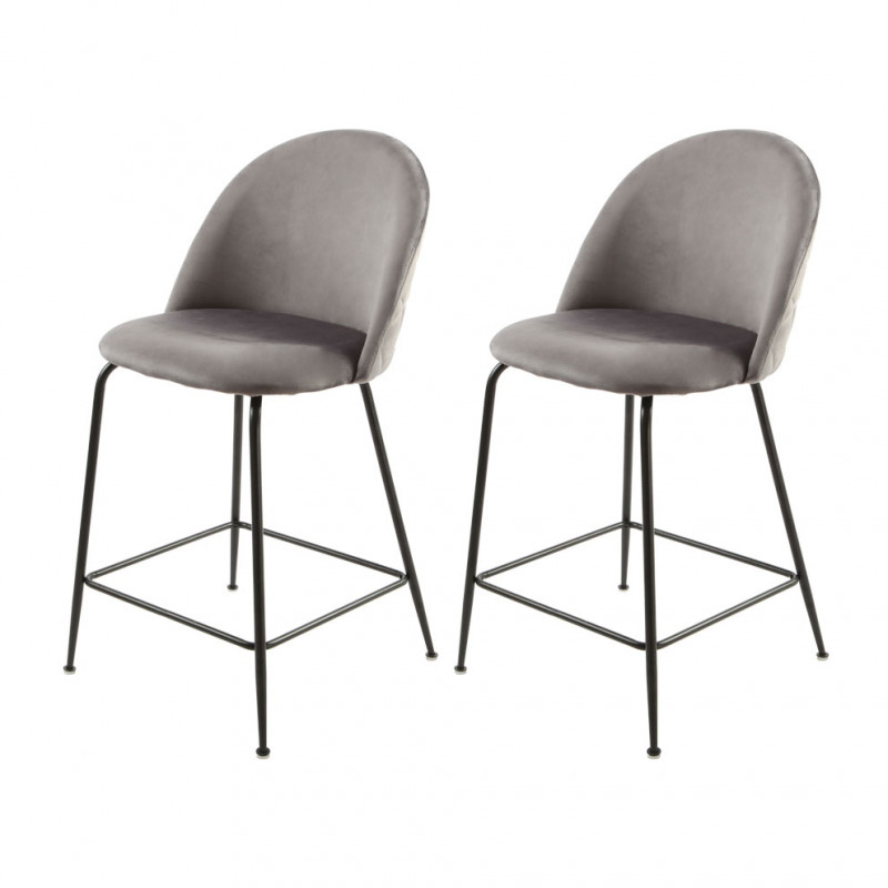Lot de 2 chaises de bar en velours avec piètement en métal noir - Gris foncé - vue de 3/4 - CLEA