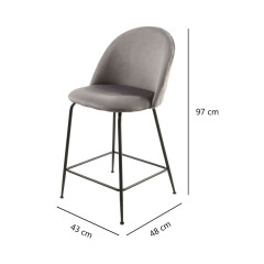 Lot de 2 chaises de bar en velours avec piètement en métal noir - Gris foncé - vue mesures - CLEA