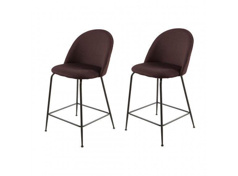 Lot de 2 chaises de bar en velours avec piètement en métal noir - Marron - vue de 3/4 - CLEA