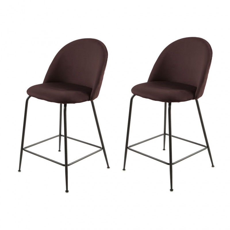 Lot de 2 chaises de bar en velours avec piètement en métal noir - Marron - vue de 3/4 - CLEA