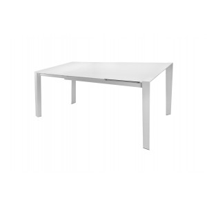 Table de repas extensible 120/180 cm rectangulaire plateau verre blanc et piétement acier - vue 3/4 - SUBTILE 2