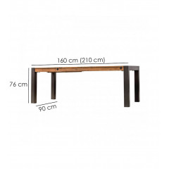 Table repas style industriel 160cm avec allonge - vue mesures - ATELIER