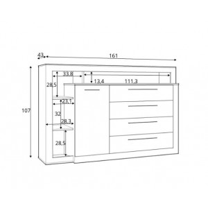 Commode 4 tiroirs/1 porte Design - Vue mesures  - BELLA