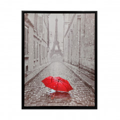 Tableau en toile imprimée Tour Eiffel et parapluie rouge avec cadre en bois noir 30x40cm - Vue de face -  PARIS