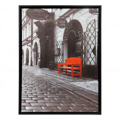 Tableau en toile imprimée rue et banc rouge avec cadre en bois noir 30x40 cm - Vue de face - BENCH