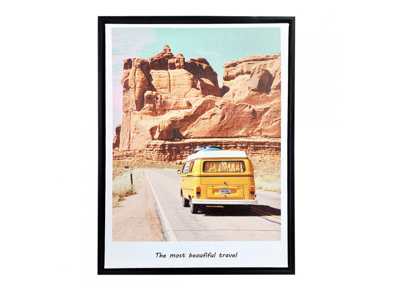 Tableau en toile imprimée van vintage jaune et canyon avec cadre en bois noir 30x40cm - Vue de face -  BEAUFIFUL