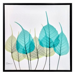 Tableau en toile imprimée feuilles vert et bleu avec cadre en bois noir 40x40cm - Vue de face - SHEET