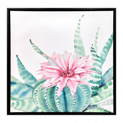 Tableau en toile imprimée fleur cactus rose avec cadre en bois noir 40x40cm - Vue de face -  BLOOM