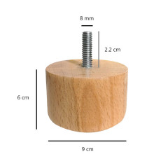 Lot de 4 pieds cylindriques pour meuble en bois de hêtre - D9cm H6cm - Bois - Vue mesures - EDDY