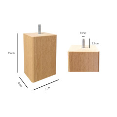 Lot de 4 pieds cubique pour meuble en bois de hêtre - L.6 cm H.15 cm - Bois - Vue mesures - EDDY