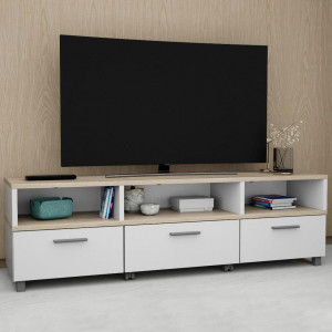 Meuble TV blanc avec table basse intégré sur roulettes - vue en ambiance - LAKE