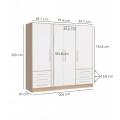 Armoire dressing blanc et aspect chêne clair 4 portes - Vue mesures - LERMA