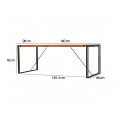 Table repas en bois et métal style industriel 160x90cm - vue mesures - ATELIER