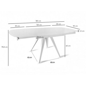 Table en verre blanc rallonges rotatives 120/180 cm - dimensions - BRERA