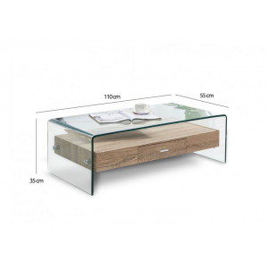 Table basse rectangulaire en verre trempé et caisson avec tiroirs - dimensions - GLASS