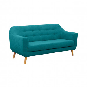 Canapé droit 2 places en tissu capitonné avec piètement bois - Turquoise - Vue de 3/4 -  AXEL
