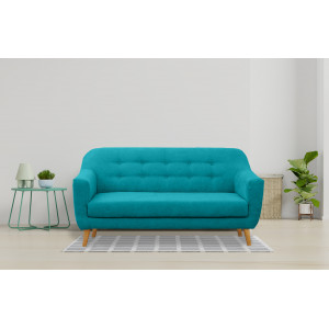 Canapé droit 2 places en tissu capitonné avec piètement bois - Turquoise - Vue en ambiance -  AXEL