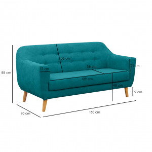 Canapé droit 2 places en tissu capitonné avec piètement bois - Turquoise - Vue mesures -  AXEL