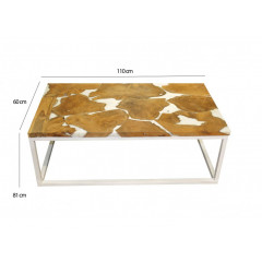 Table basse en teck et résine blanche - design contemporain - Vue mesures - Steph