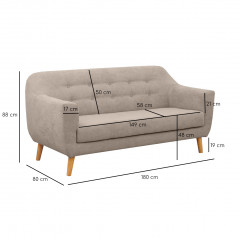 Canapé droit 3 places en tissu capitonné avec piètement bois - Beige - Vue mesures - AXEL