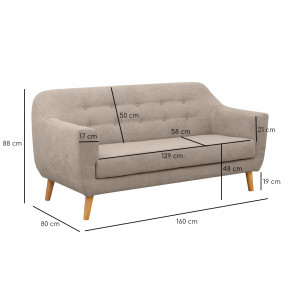 Canapé droit 2 places en tissu capitonné avec piètement bois - Beige - Vue mesures -  AXEL