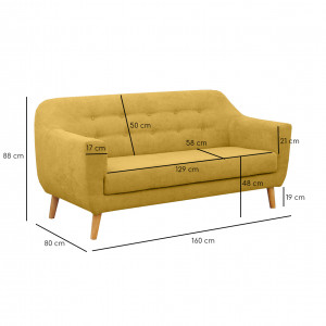 Canapé droit 2 places en tissu capitonné avec piètement bois - Jaune - Vue mesures -  AXEL