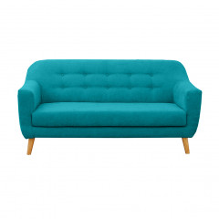 Canapé droit 2 places en tissu capitonné avec piètement bois - Turquoise - Vue de face -  AXEL