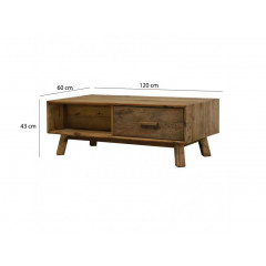 Table basse 1 tiroirs en pin recyclé - Vue mesures -  meuble déco montagne rustique - Collection CHALET