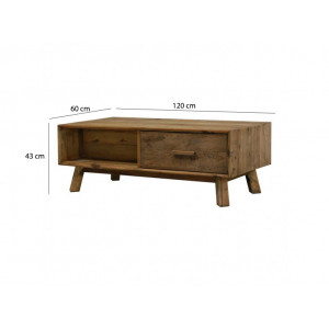 Table basse 1 tiroirs en pin recyclé - Vue mesures -  meuble déco montagne rustique - Collection CHALET