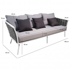 Canapé 3 places de jardin tressé avec coussins gris - dimensions - CORSE