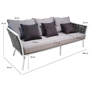 Canapé 3 places de jardin tressé avec coussins gris - dimensions - CORSE