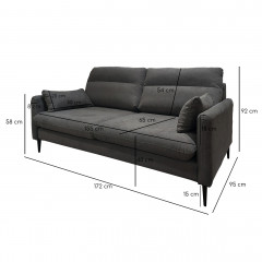 Canapé droit 2 places en tissu avec 2 coussins d'accoudoirs et piètement métal - gris anthracite - dimensions - TYNA