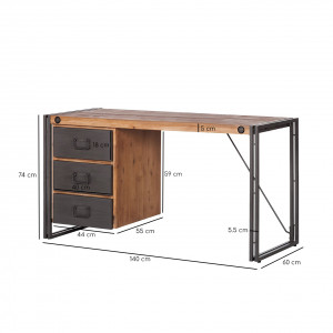 Bureau en bois d'acacia massif et métal avec 3 tiroirs de rangement - dimensions - ATELIER