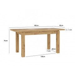 Table de repas extensible finition bois de chêne 160/207 cm - vue mesures - IBIZA