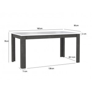 Table de repas extensible béton gris foncé & blanc - vue mesures - MONACO