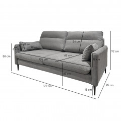 Canapé droit 2 places en tissu avec 2 coussins d'accoudoirs et piètement métal - gris - dimensions -  TYNA