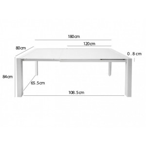 Table de repas extensible 120/180 cm rectangulaire plateau verre blanc et piétement acier - vue mesures - SUBTILE 2