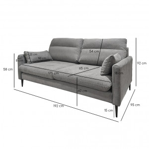 Canapé droit 3 places en tissu avec 2 coussins d'accoudoirs et piètement métal - gris - dimensions - TYNA