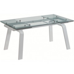 Table de repas extensible 160/240cm plateau en verre transparent et pied en métal blanc - vue de face - LEONIE